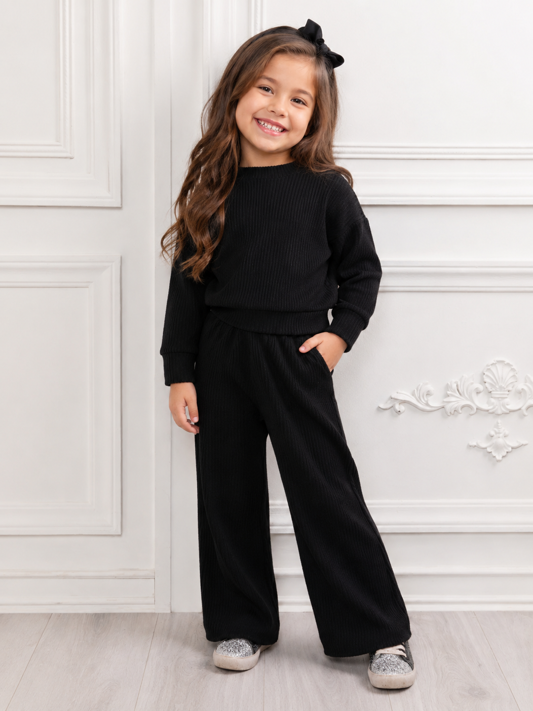 Chic In Black Ribbed Top and Pant Lounge Set