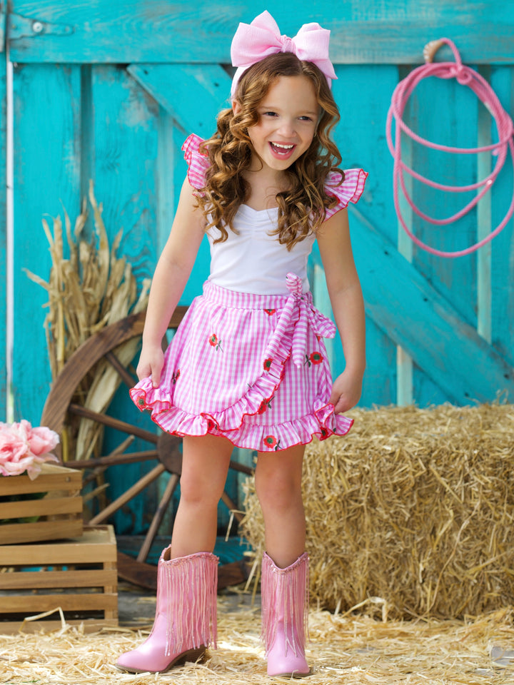 Cherry Blossom Gingham Top and Ruffle Skort Set