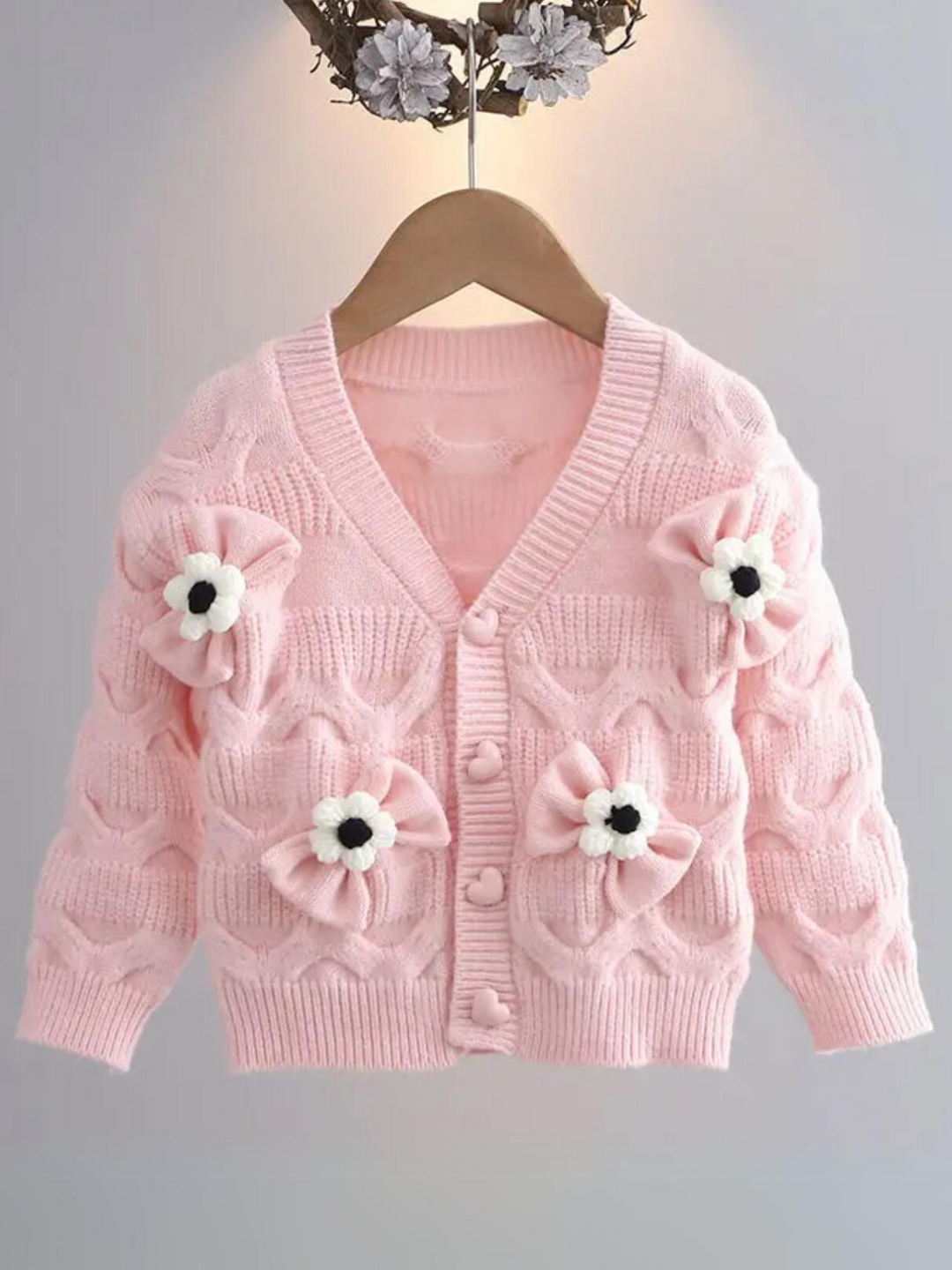 Girls Floral Button-Up Cardigan with Adorable 3D Flower Details and Heart-Shaped Buttons Mia Belle Girls