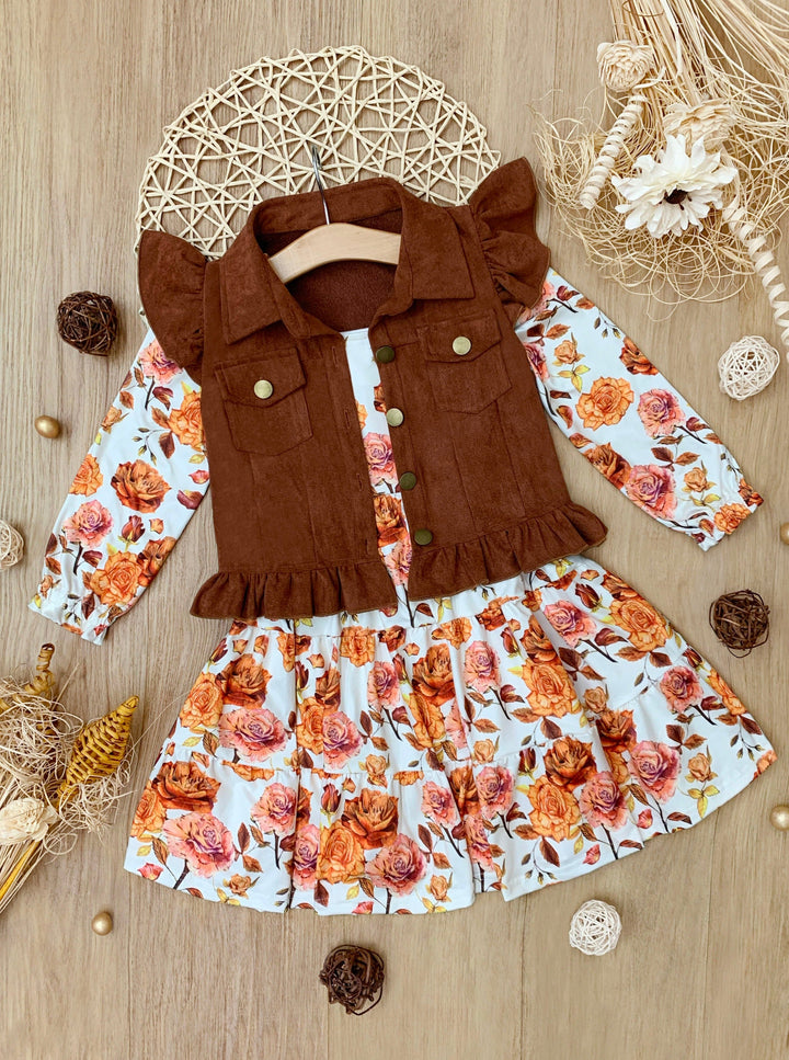Autumn Floral Faux Suede Vest Dress Set Mia Belle Girls