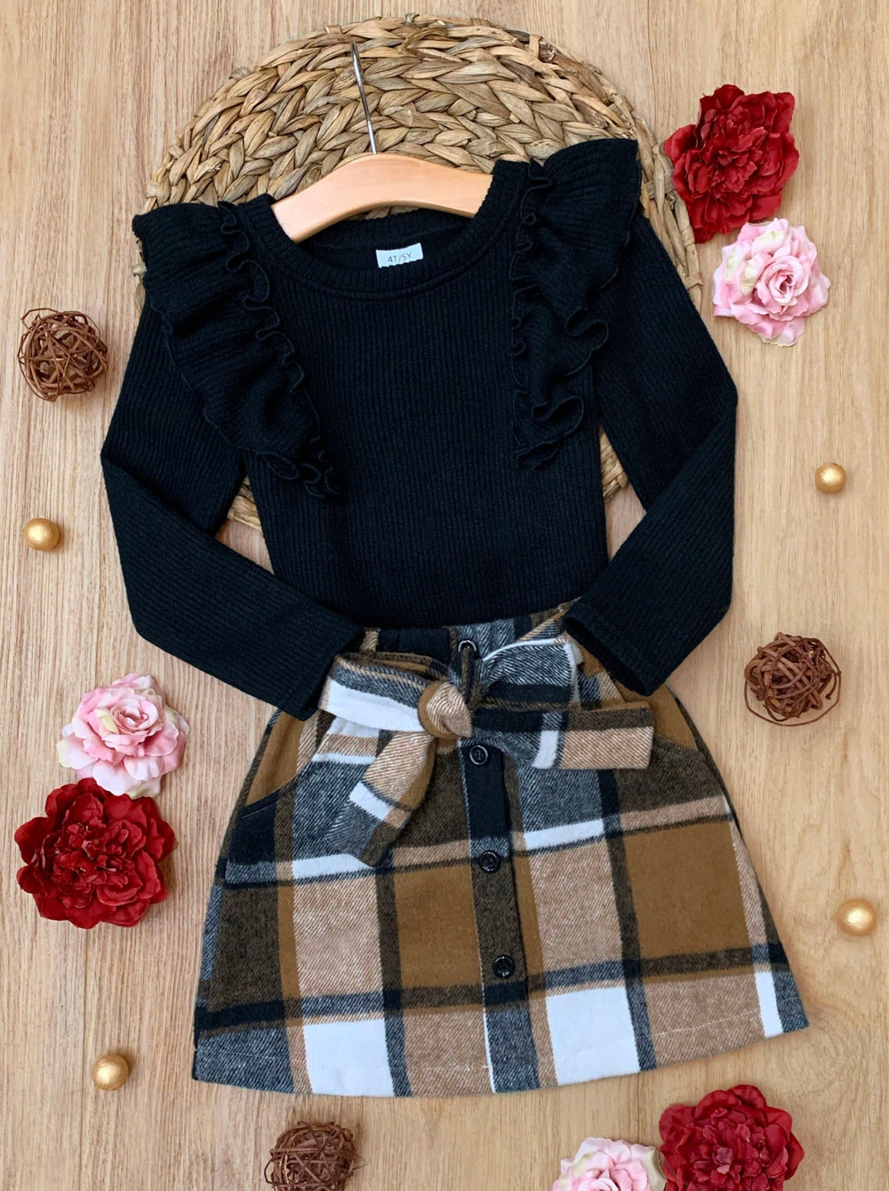 Classic Plaid Ruffled Top and Brushed Fleece Skirt Set Mia Belle Girls