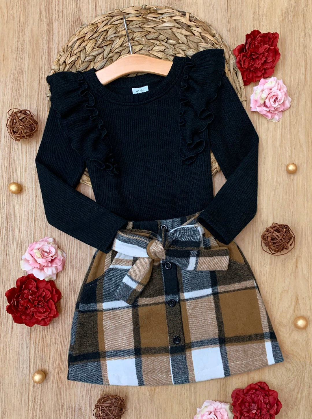 Classic Plaid Ruffled Top and Brushed Fleece Skirt Set Mia Belle Girls