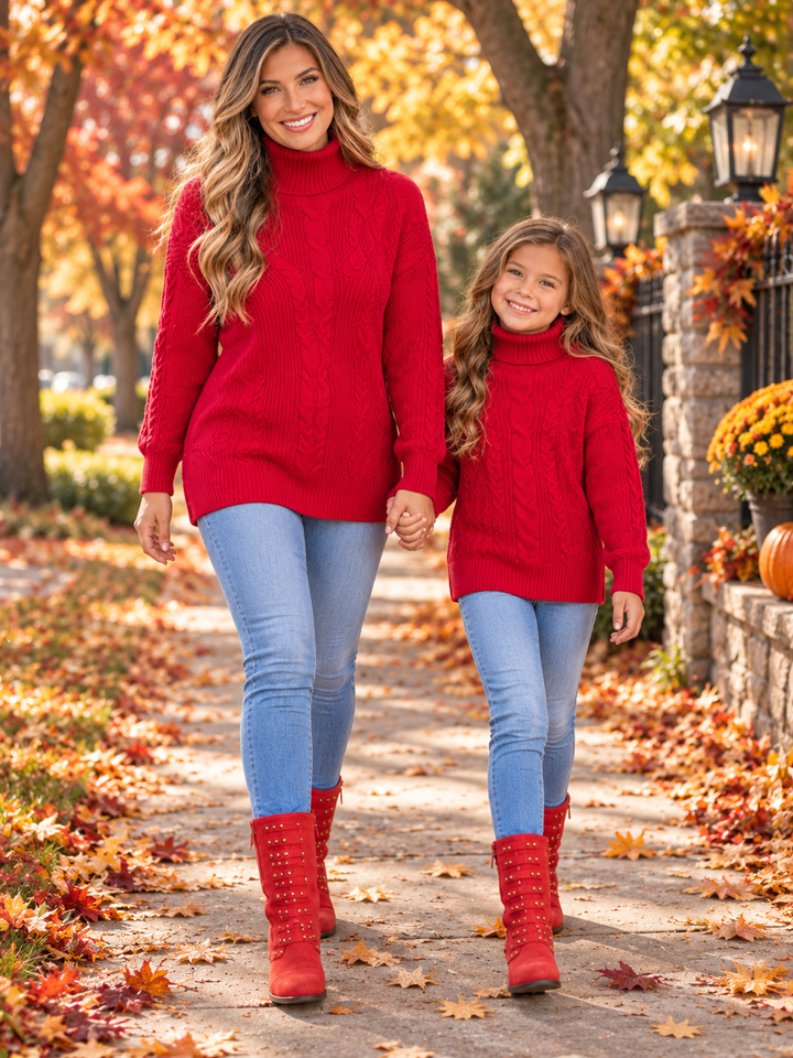 Mommy and Me Red Oversized Cable Knit Sweater