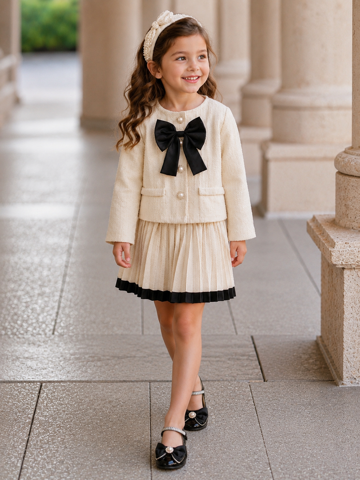 Cream Tweed Bow Jacket & Pleated Skirt Set
