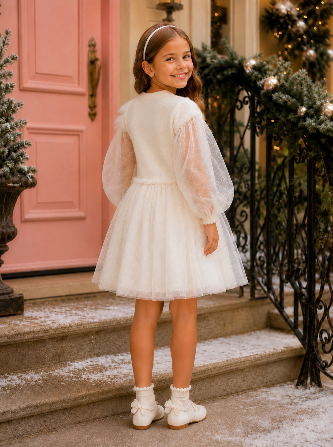 Snowy Sparkle Ivory Bow Tulle Dress