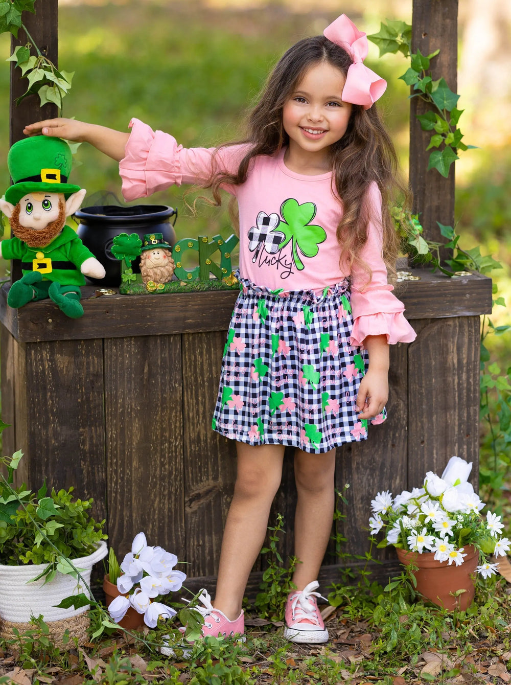 St. Patrick's Day Clothes | Girls Ruffled Top & Plaid Clover Skirt Set