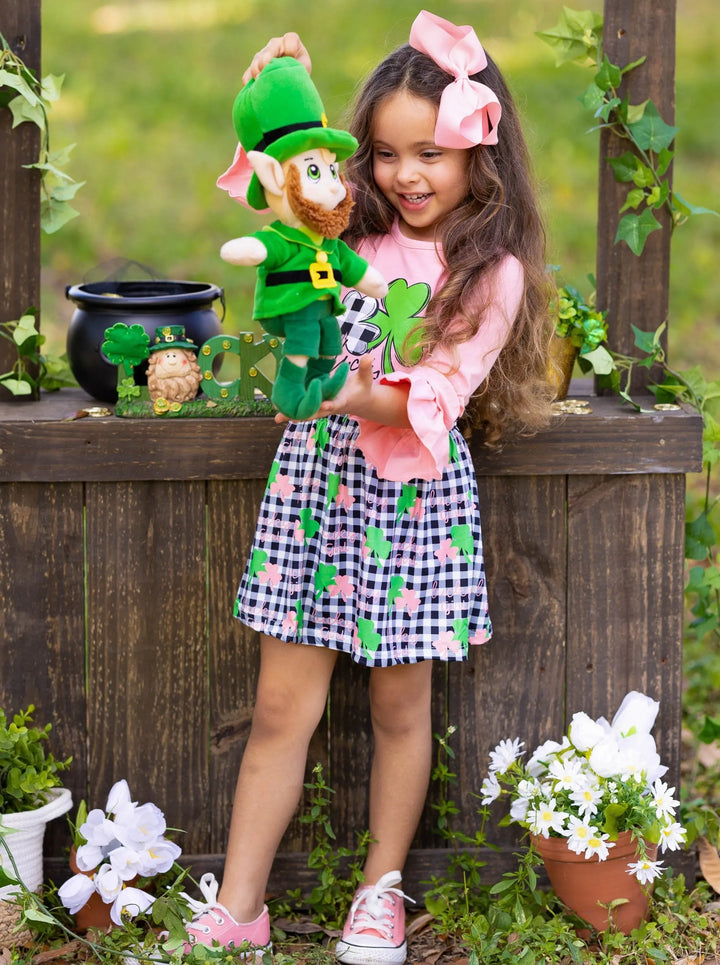 St. Patrick's Day Clothes | Girls Ruffled Top & Plaid Clover Skirt Set