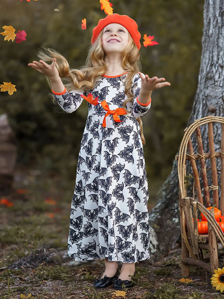 Girls Halloween Dress | Boho Bat Print Maxi Dress - Mia Belle Girls
