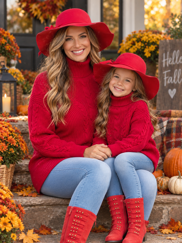 Mommy and Me Red Oversized Cable Knit Sweater