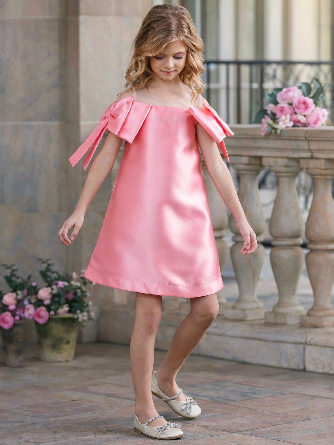 Beautiful Bow Shoulder Party Dress Pink / 7/8