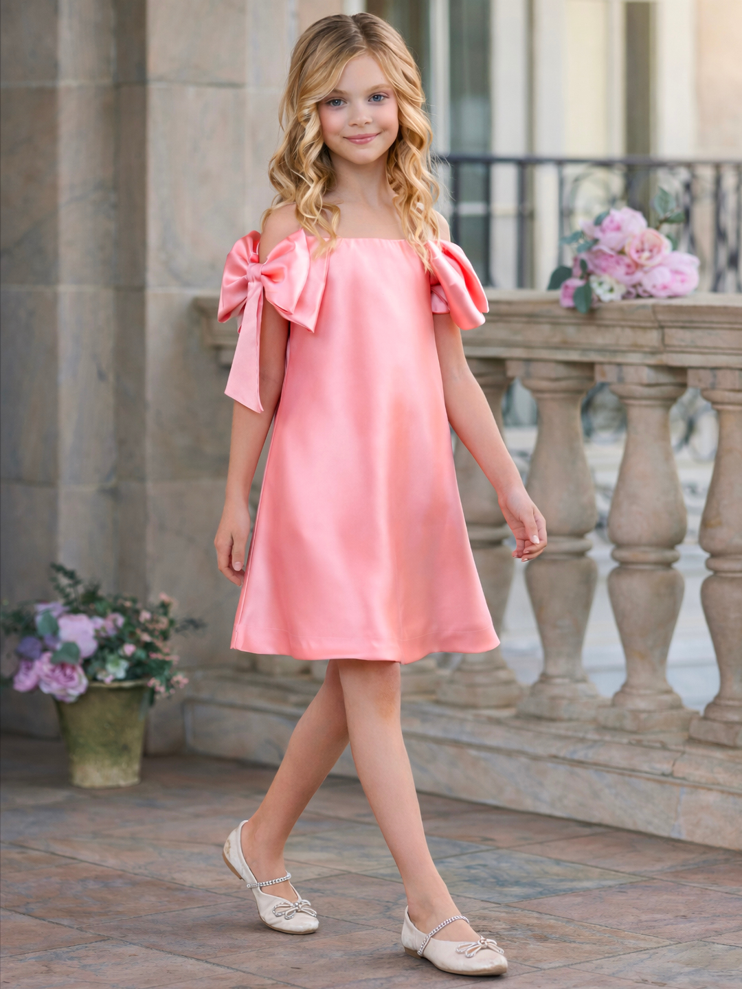Beautiful Bow Shoulder Party Dress Pink / 7/8