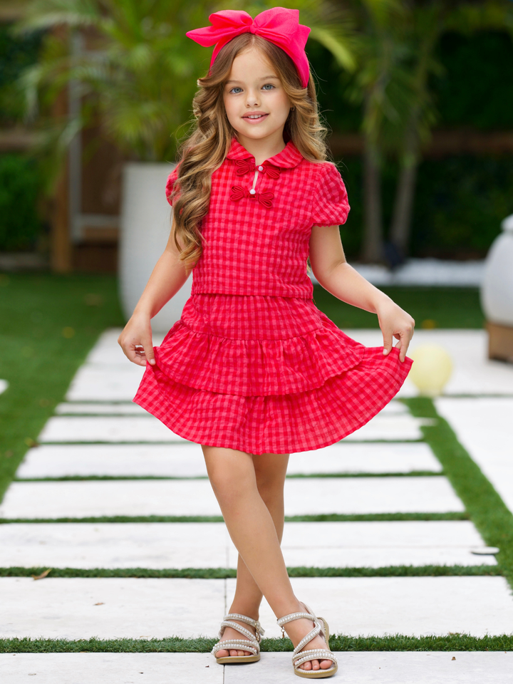 Plaid Puff Sleeve Top & Ruffle Skirt Set