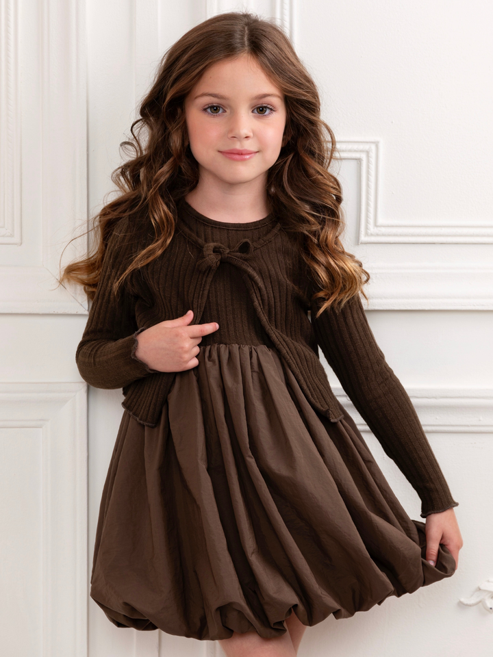 Girl's cocoa brown bubble hem sweater dress with ribbed knit bodice.