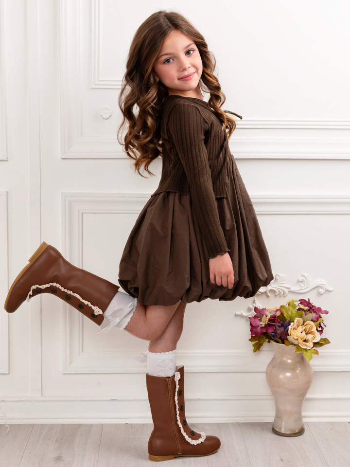 Girls brown long sleeve bubble hem dress with bow tie cardigan.