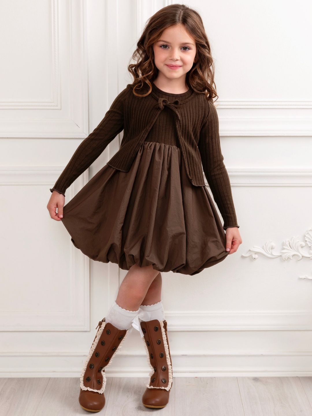 Toddler girls ribbed knit bubble dress with long sleeve cardigan.
