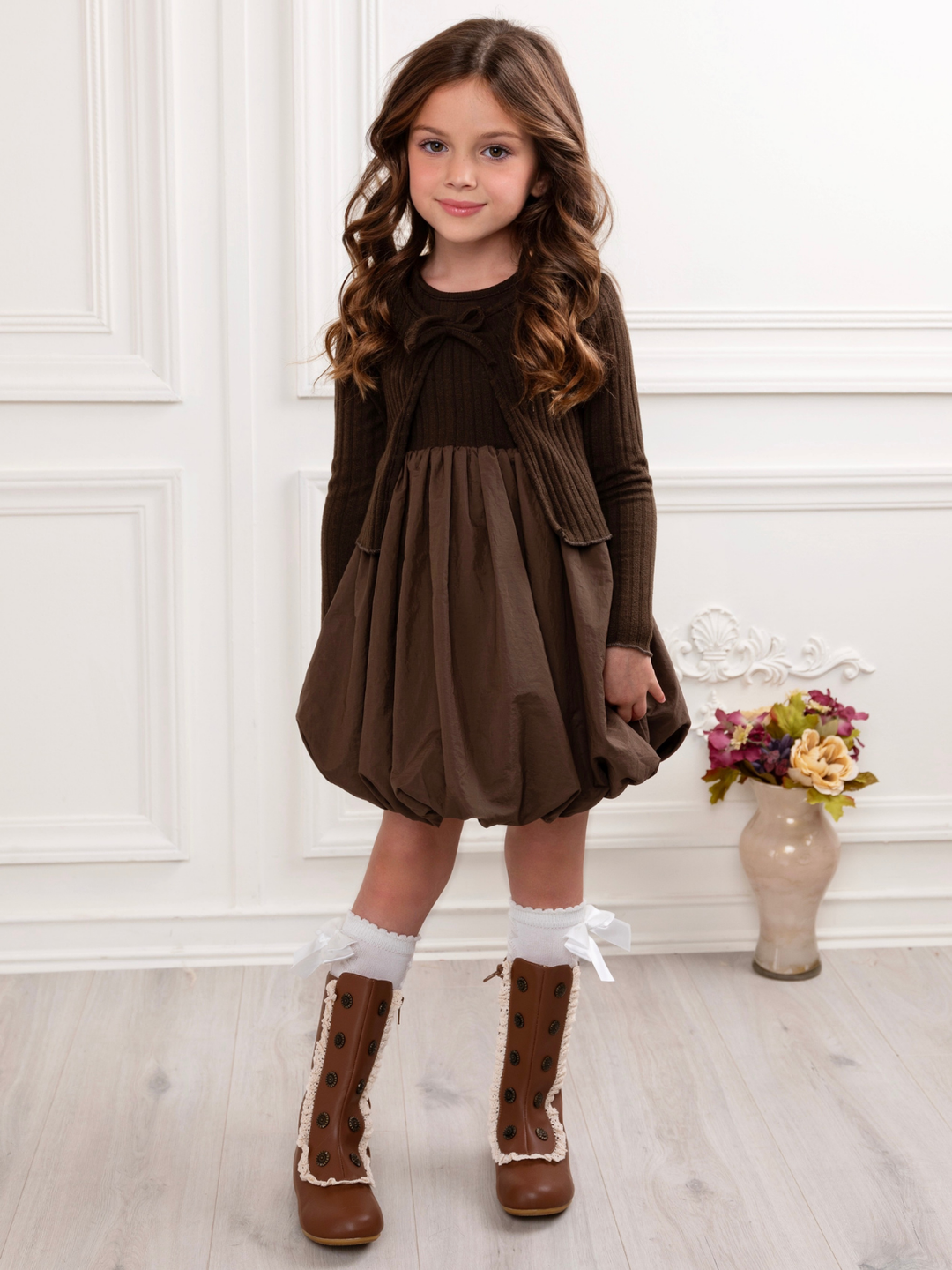 Cocoa Charm Bubble Hem Sweater Dress Brown / 4T