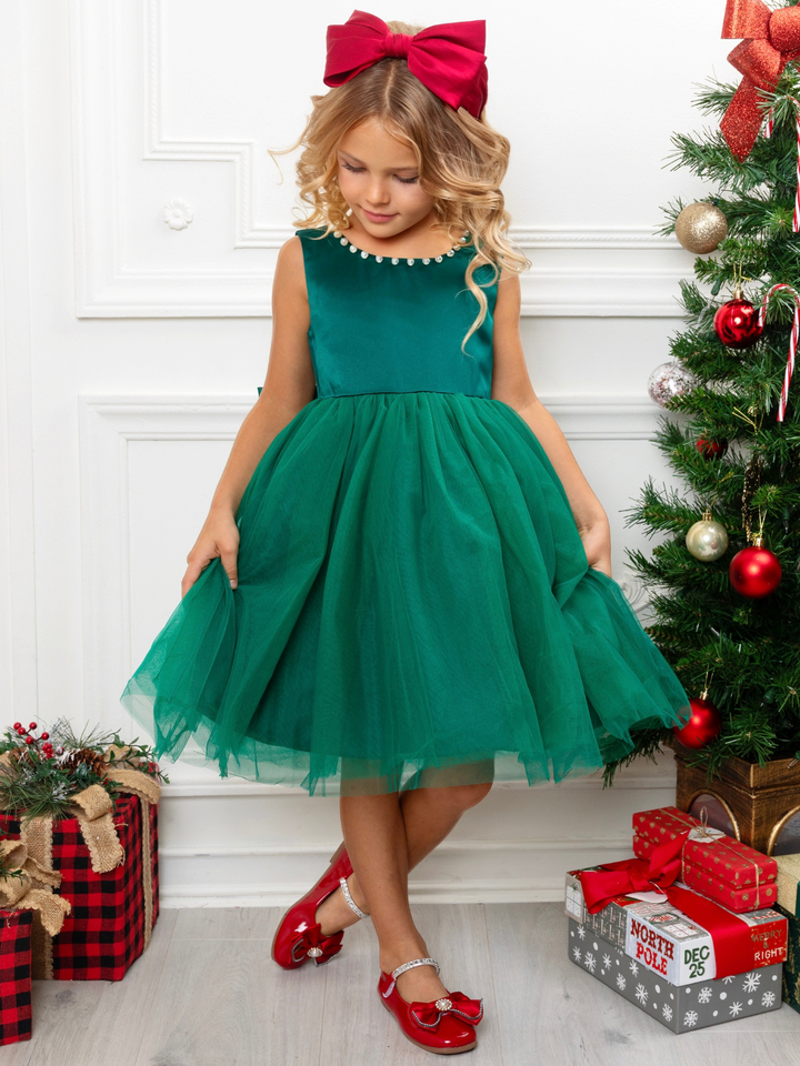 Perfectly Pine Green Bow Satin Christmas Dress