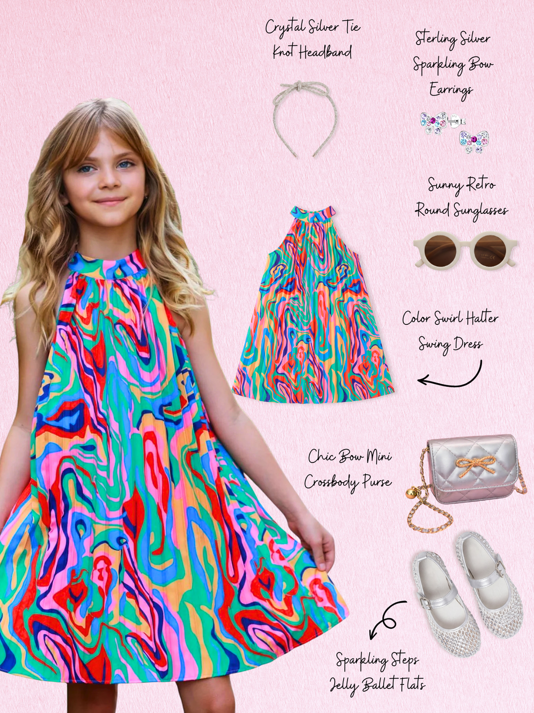 Color Swirl Halter Swing Dress Complete Look 6-Piece Set Mia Belle Girls