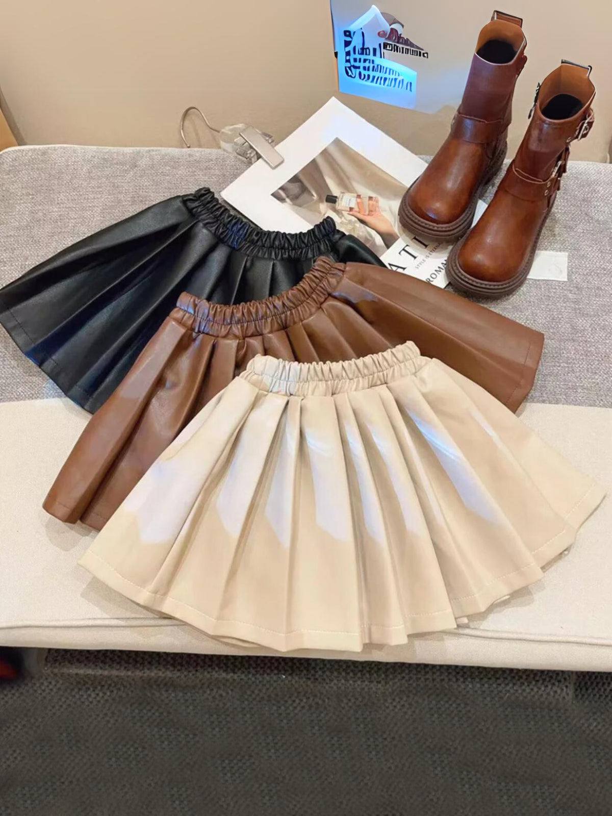 Girl's Pleated Faux Stylish and Comfortable Leather Skirt – Mia