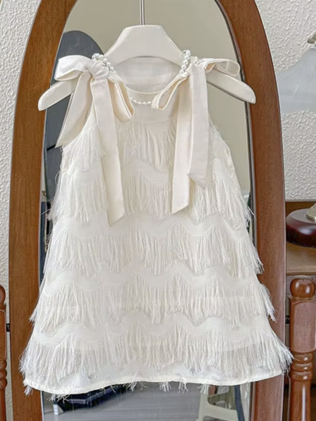 Fringe Pearl Tie Shoulder Dress
