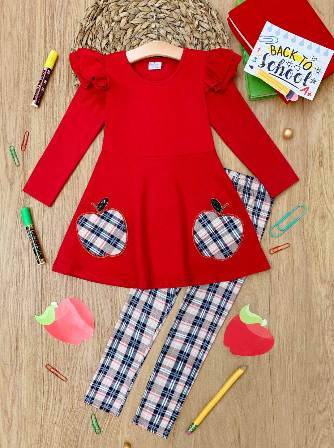Fashion Class Apple Peplum Tunic and Plaid Legging Set Mia Belle Girls
