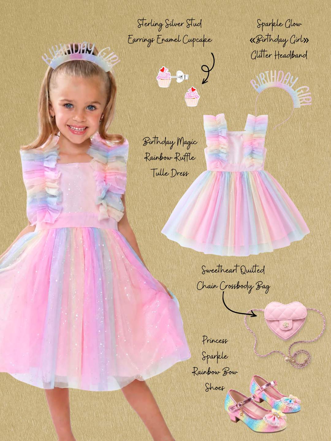 Birthday Girl Rainbow Party Dress Complete Look 5-Piece Set