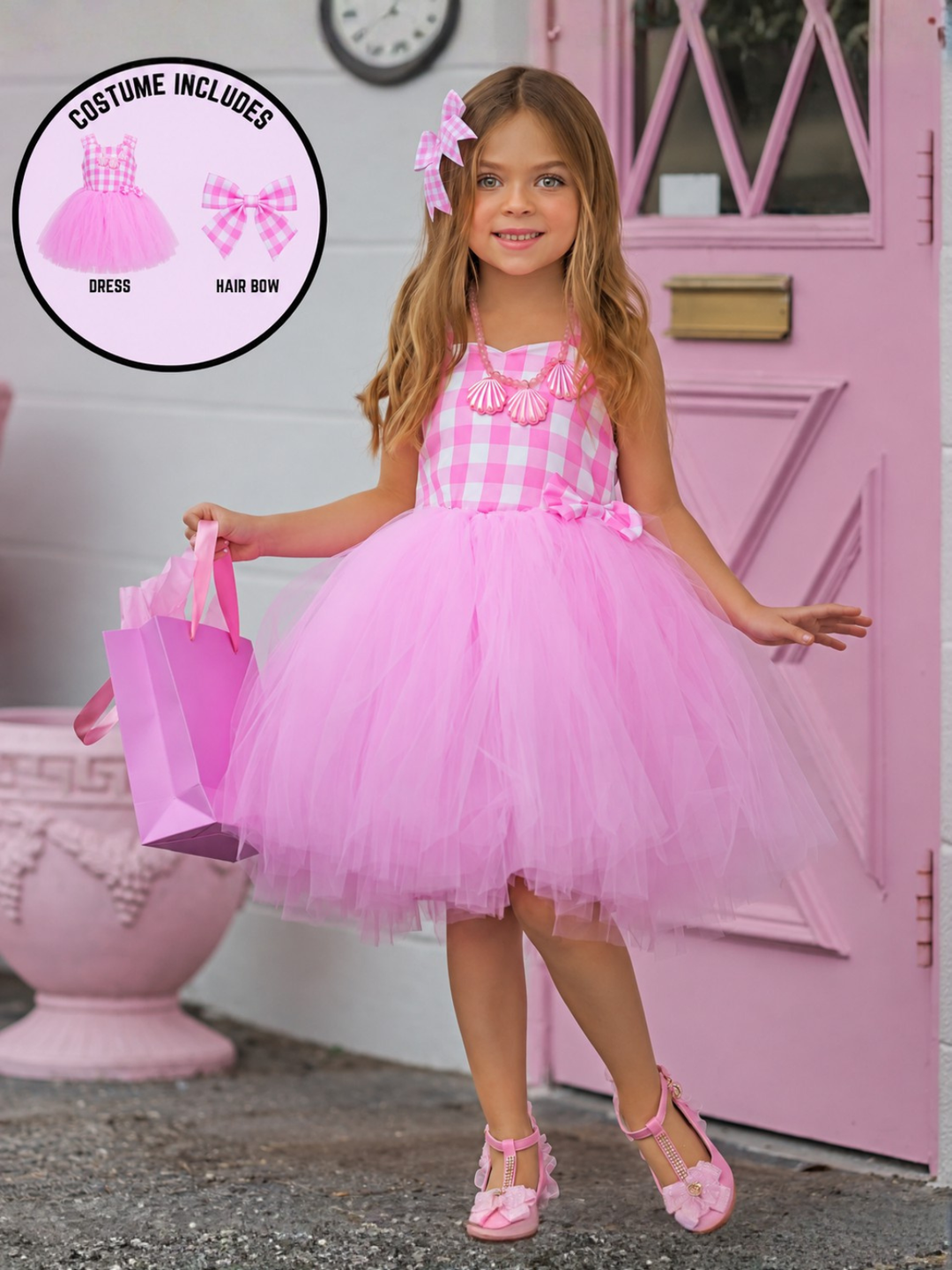 Girls All Dolled Up Pink Gingham Tutu Costume Dress with Bow