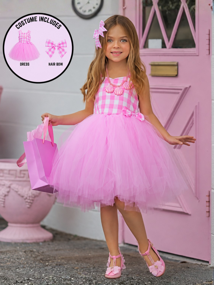 Girls All Dolled Up Pink Gingham Tutu Costume Dress with Bow