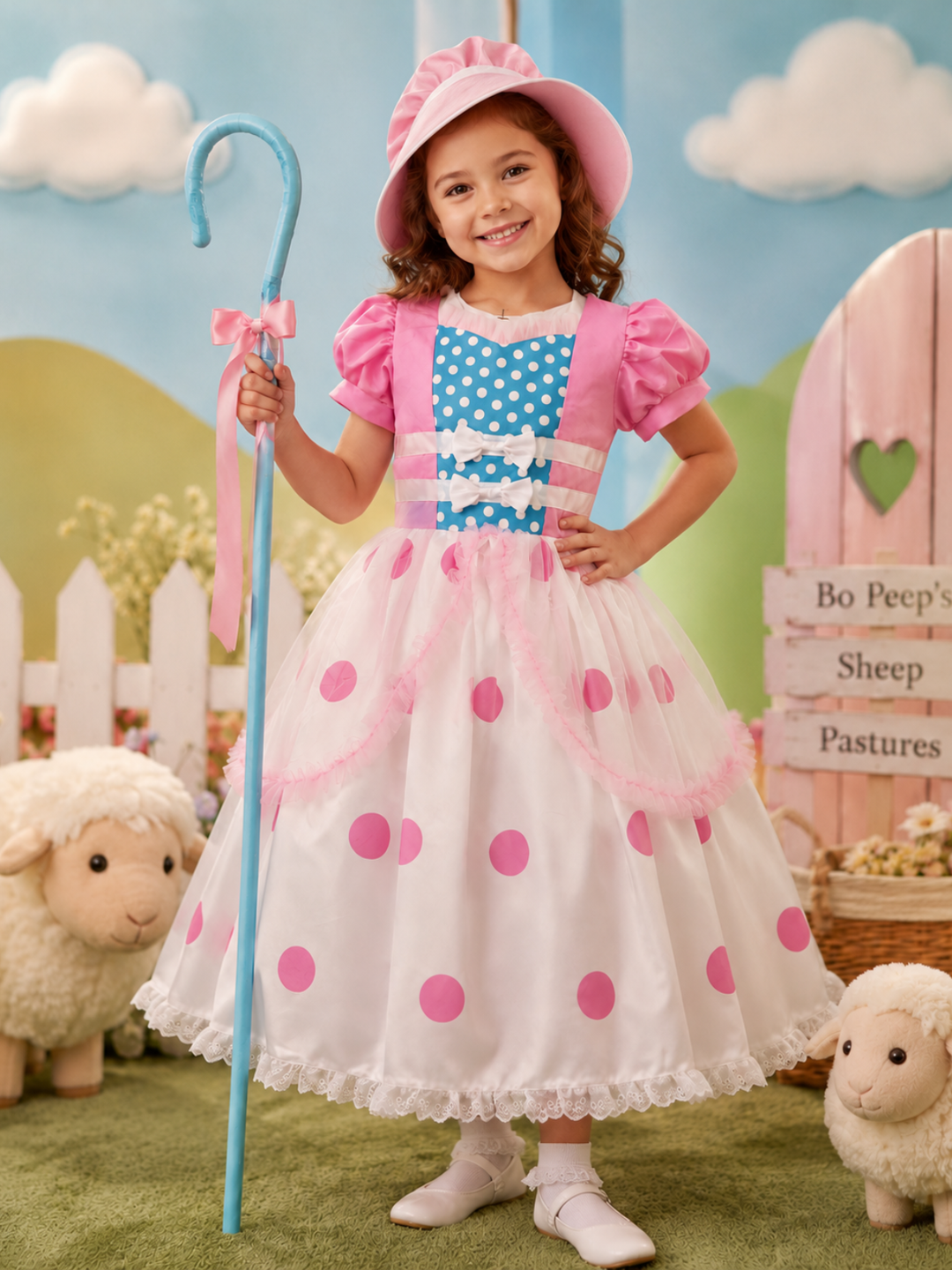 Pink Polka Dot Shepherdess Halloween Costume with Hat