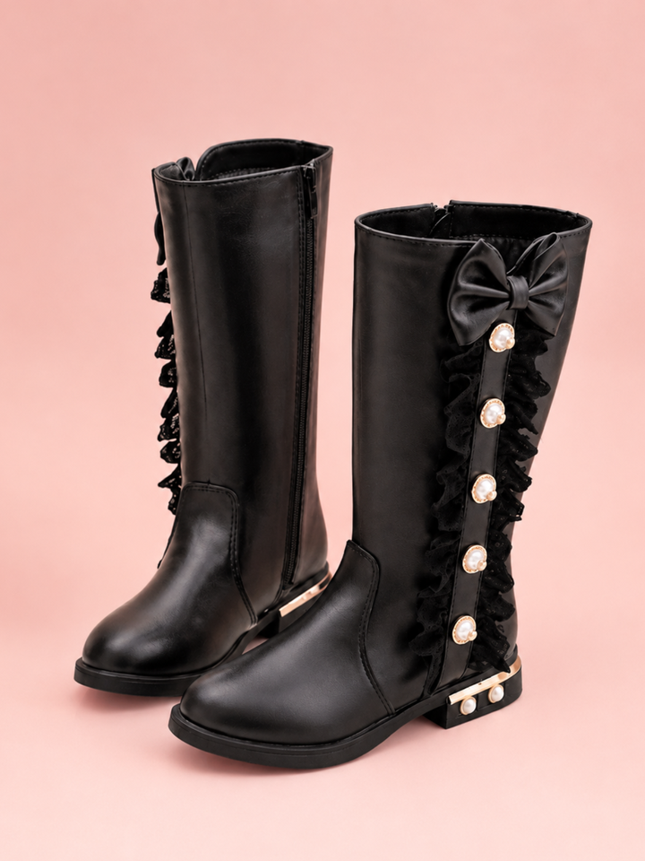 Black Pearl & Lace Bow Boots