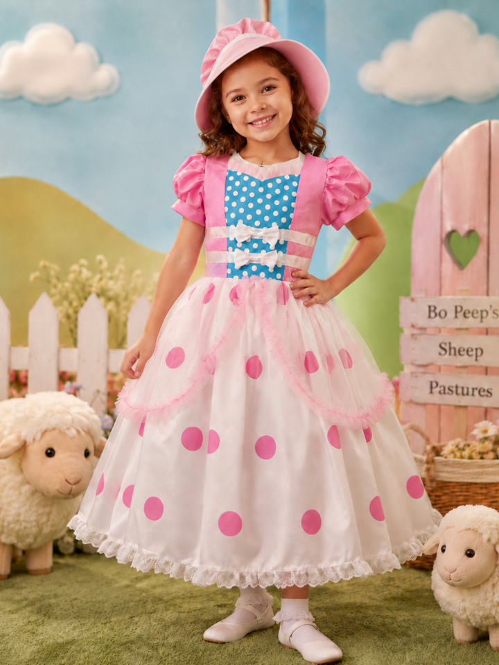 Pink Polka Dot Shepherdess Halloween Costume with Hat