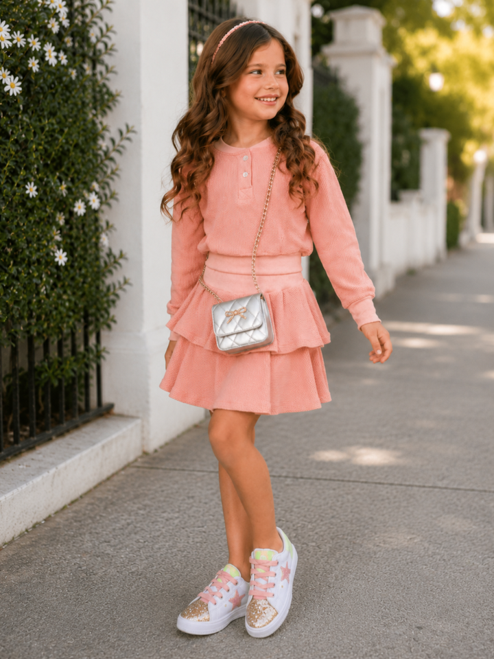 Sweet Charm Waffle Knit Top and Skirt Set