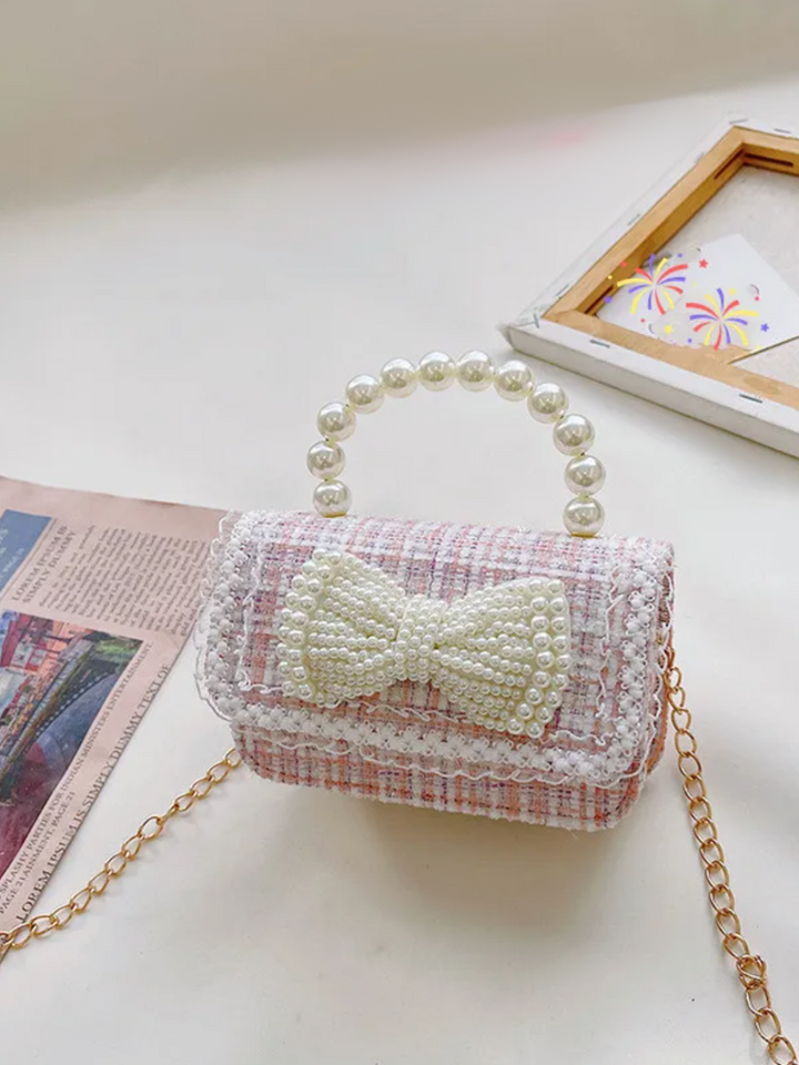 Cute Bow Decor Crossbody Bag with Pearl Handle by Liv and Mia Mia Belle Girls