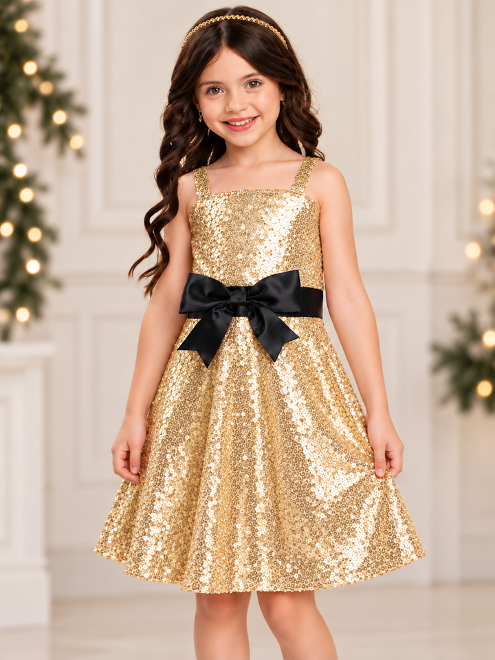 Gold Sequin & Black Satin Bow Holiday Dress