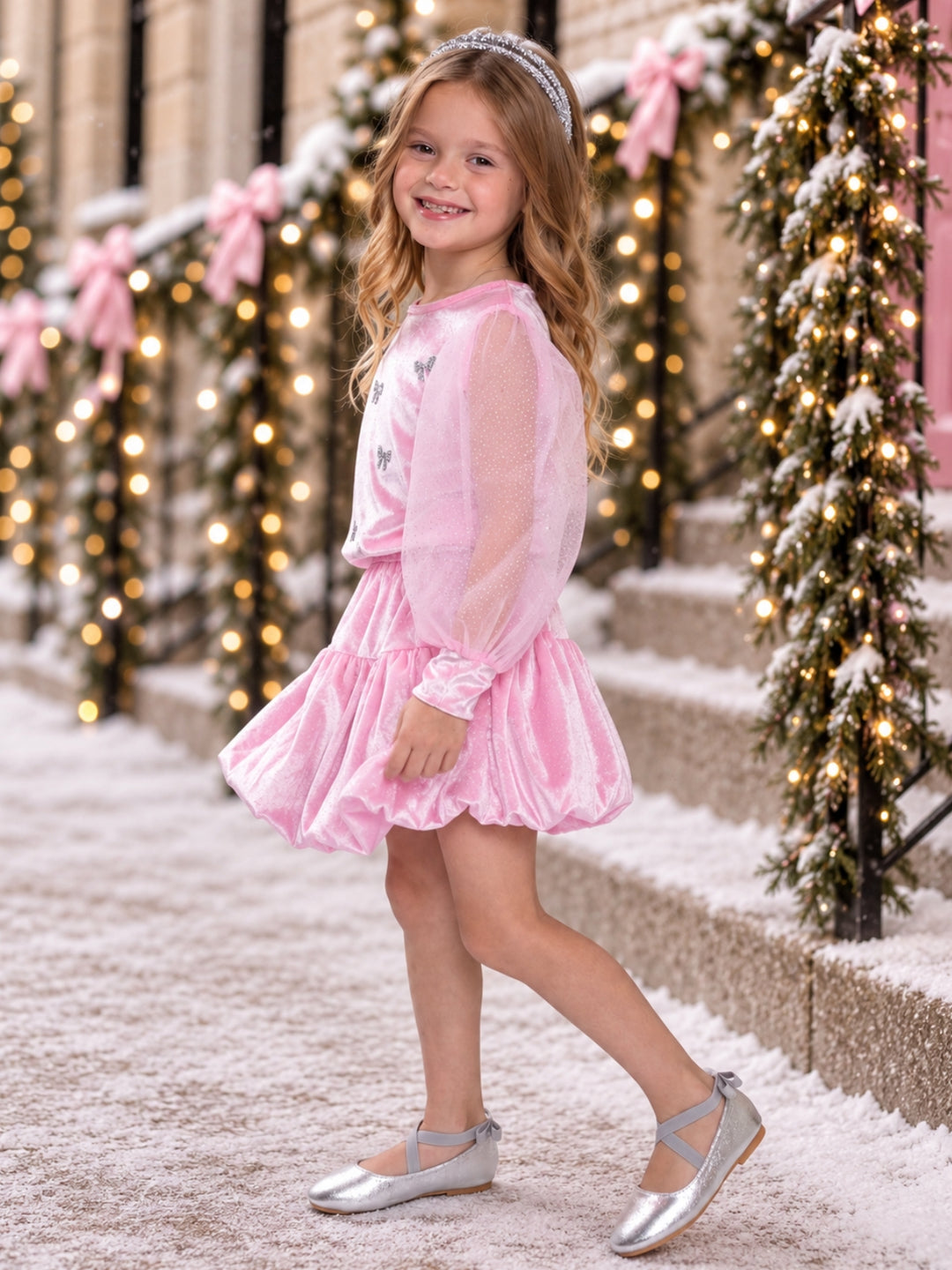 Pretty in Pink Bow Top and Bubble Velour Skirt Set