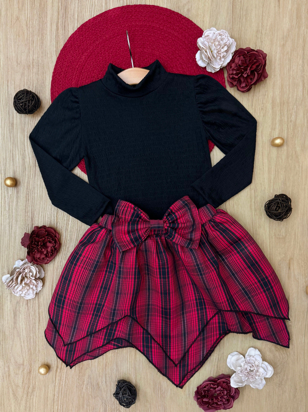 Turtleneck Top and Plaid Handkerchief Skirt Set Mia Belle Girls