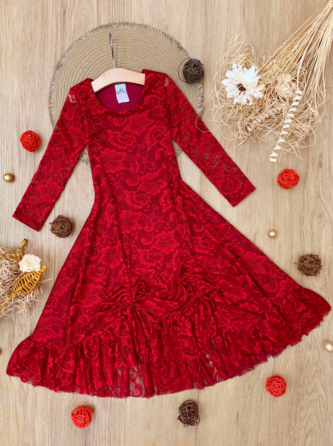 Red Hi-Lo Drawstring Lace Ruffle Dress Mia Belle Girls