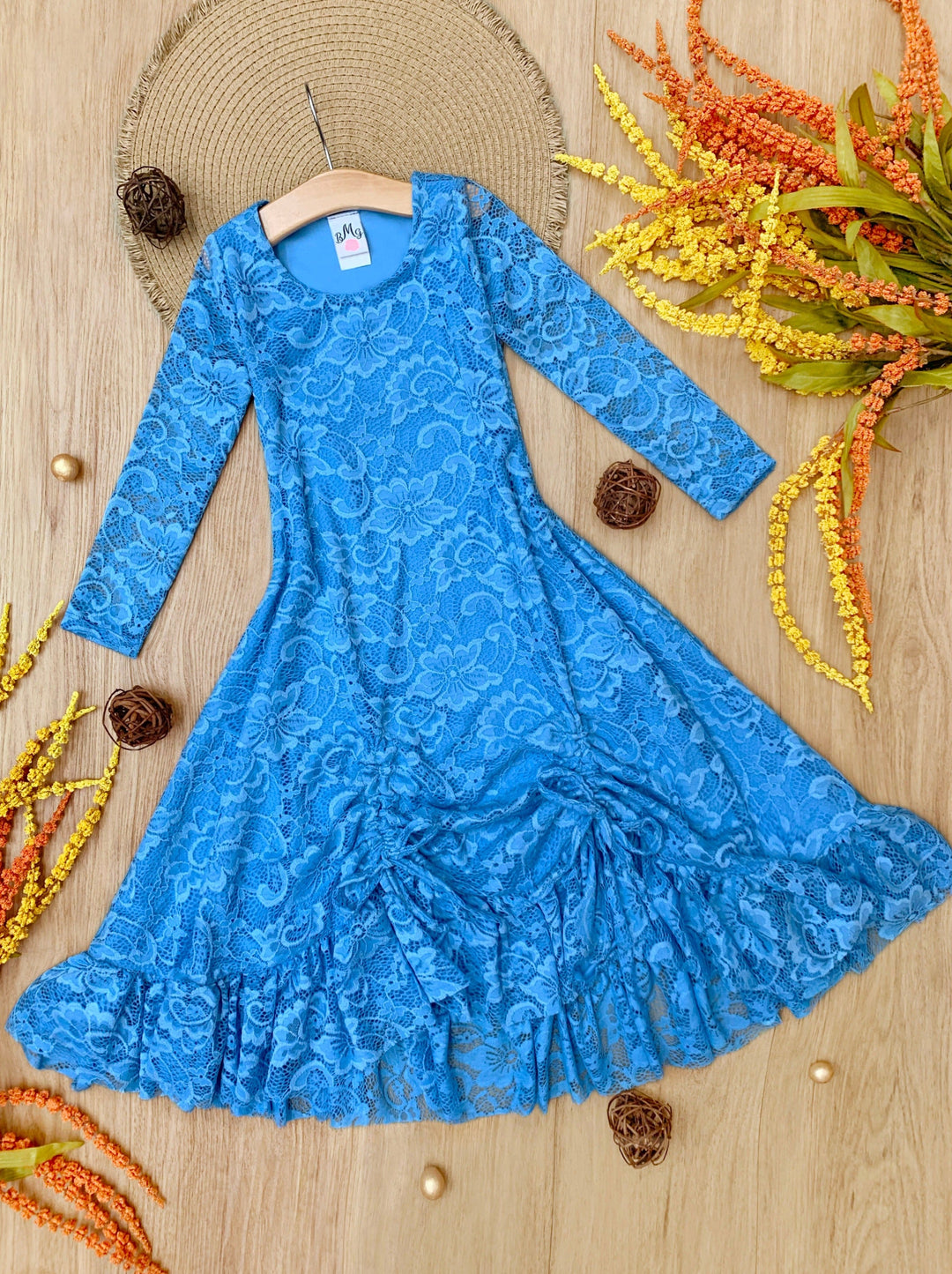 Blue Hi-Lo Drawstring Lace Ruffle Dress Mia Belle Girls