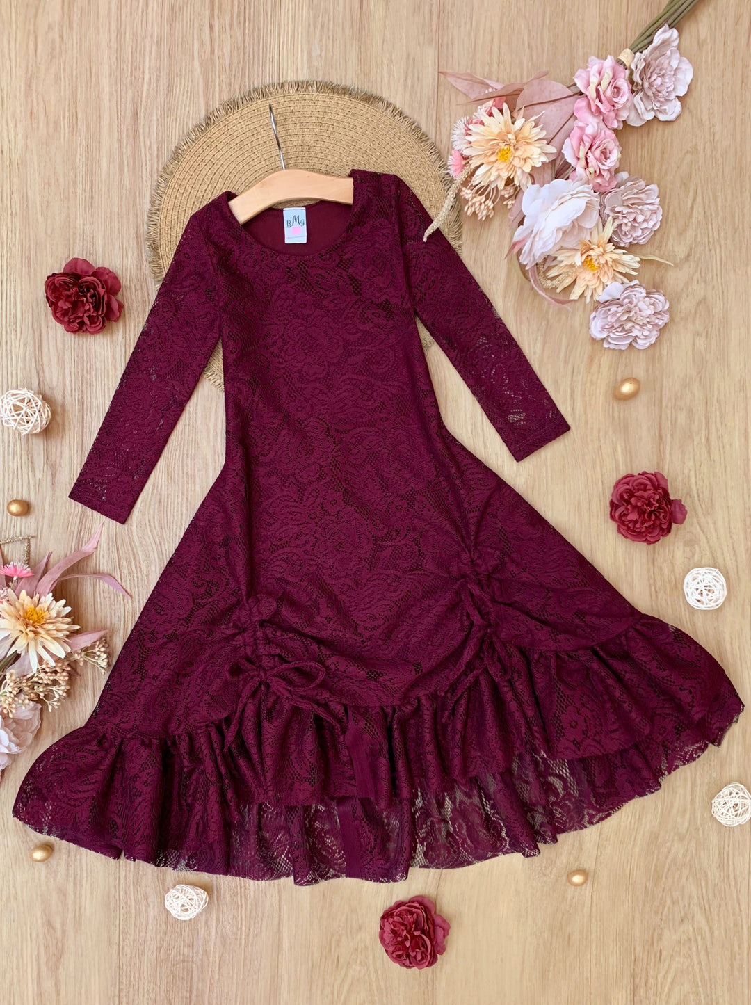 Burgundy Hi-Lo Drawstring Lace Ruffle Dress Mia Belle Girls