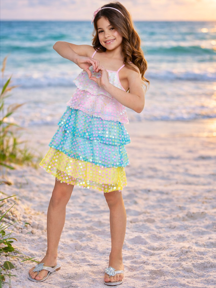 rainbow sequin tiered dress for girls pastel sparkle dress