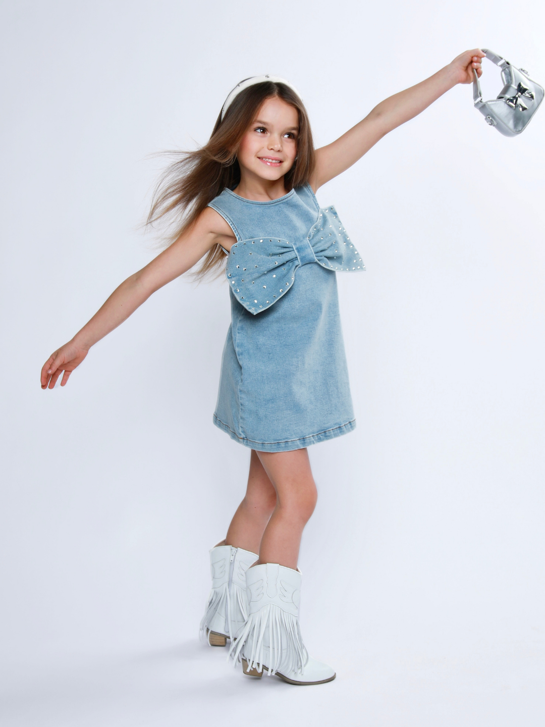 Chic Bow Rhinestone Denim Shift Dress