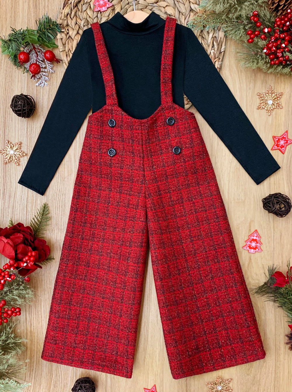 Mia Belle Girls Turtleneck Top & Flannel Overalls Set | Winter Outfits