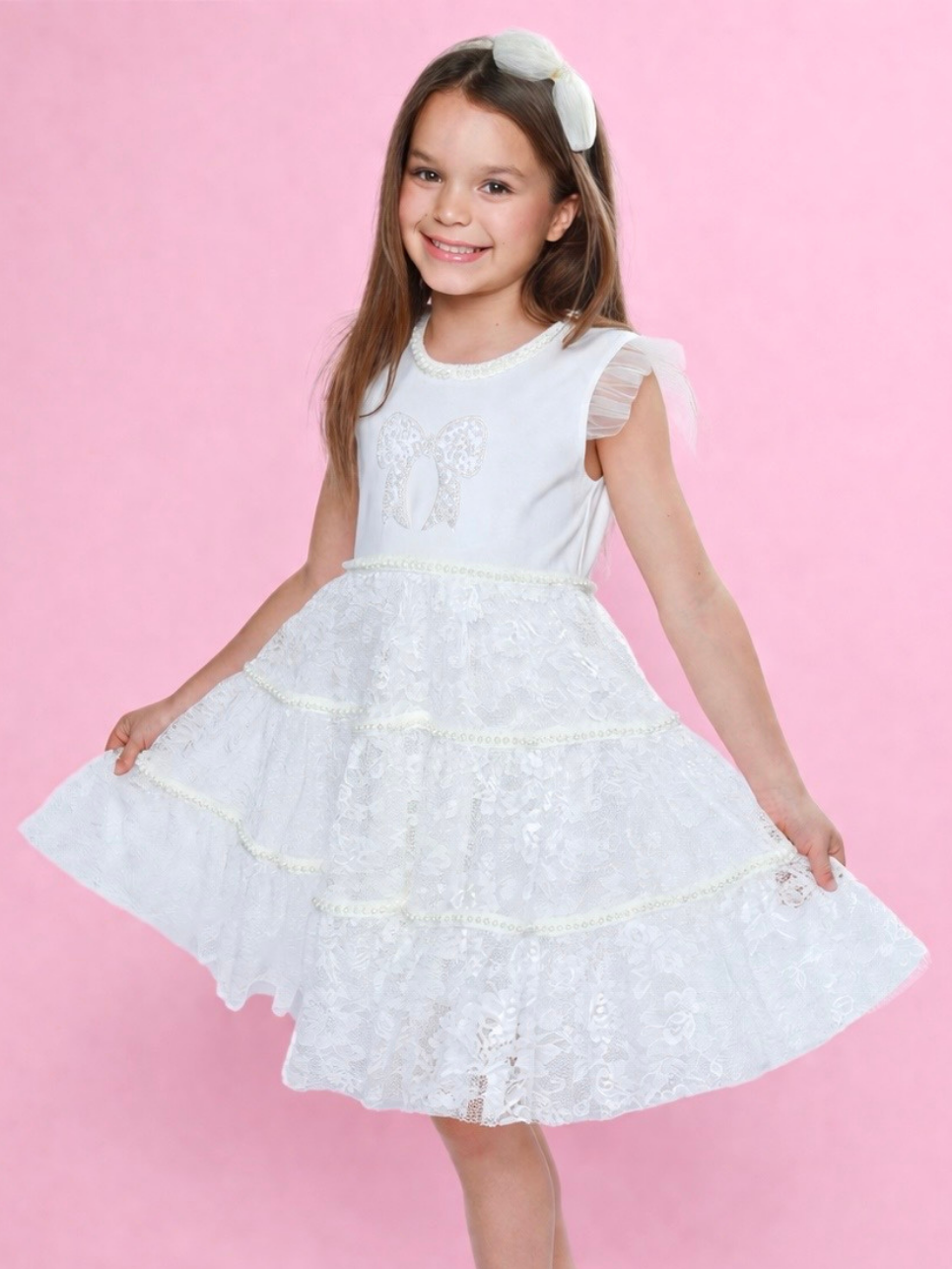 Girls ivory lace dress with pearl trim and layered skirt