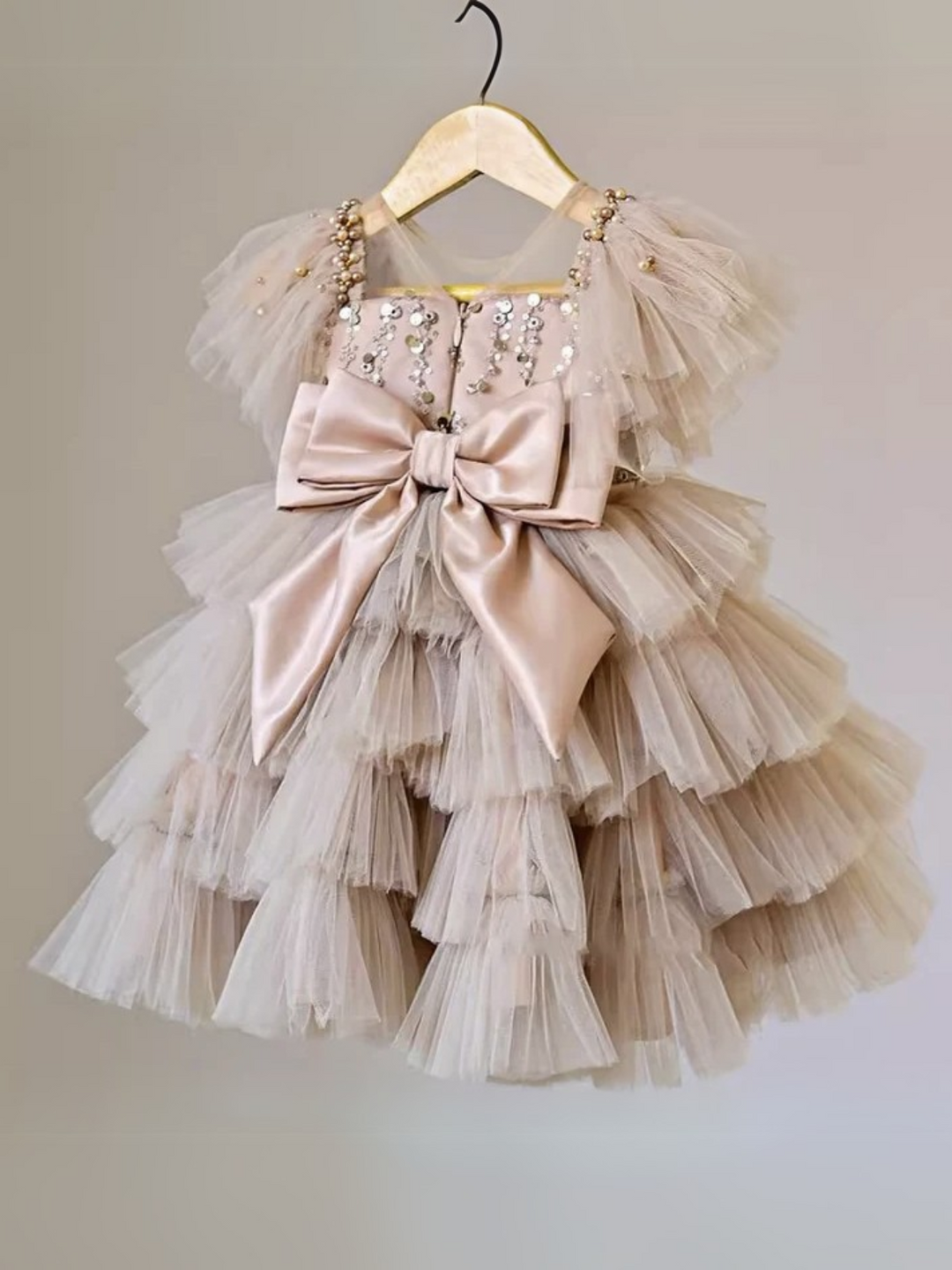 Champagne Sparkle Tulle Tiered Ruffle Party Dress