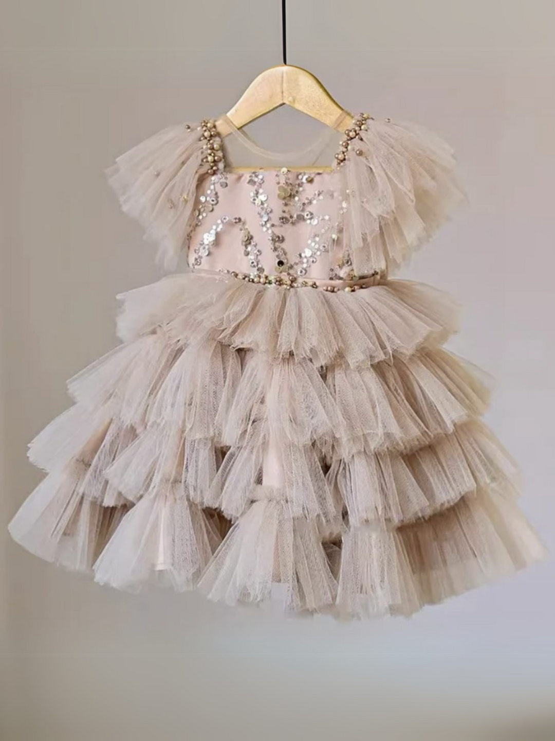 Champagne Sparkle Tulle Tiered Ruffle Party Dress