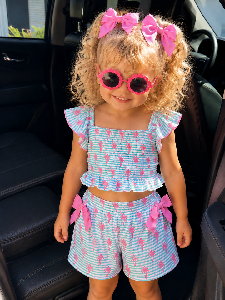 Palm Pop Smocked Ruffle Top and Bow Short Set
