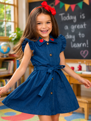 Apple Charm Embroidered Denim Dress