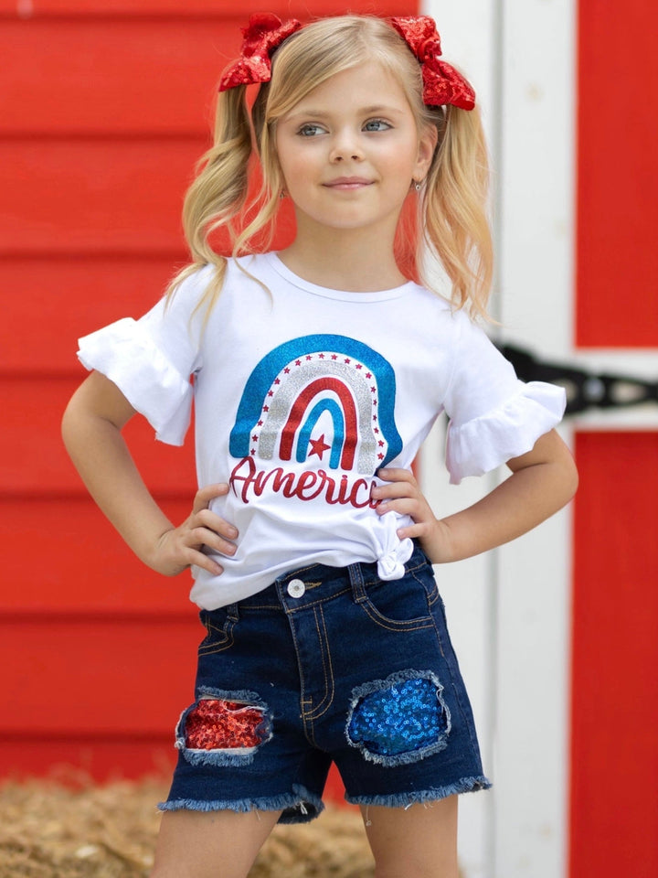 American Rainbow Sequin Denim Shorts Set Mia Belle Girls
