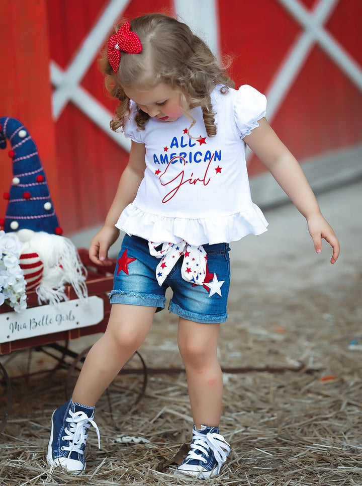 Mia Belle Girls All American Girl Denim Short Set | 4th of July