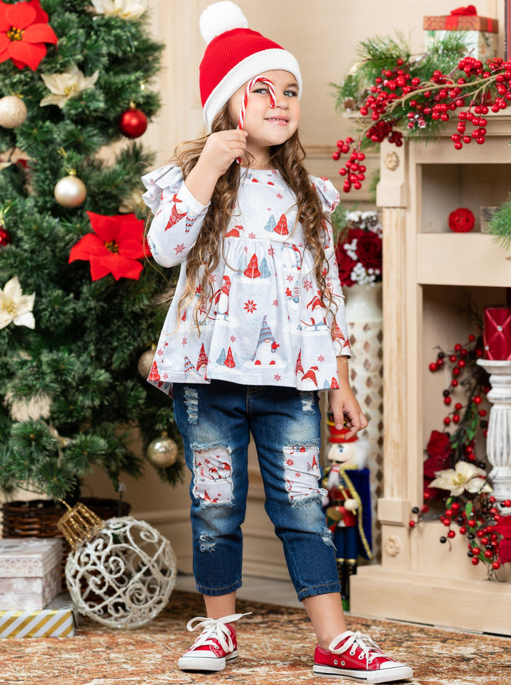 Cute Winter Sets | Girls Winter Gnomes Ruffle Top & Patched Jeans Set